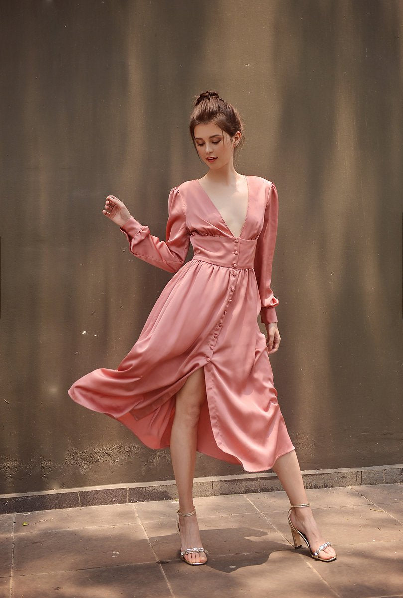 Salmon Pink Silk Dress - Women Midi Dress - Silk Prom Dress - Silk Dress - Mulberry Dress