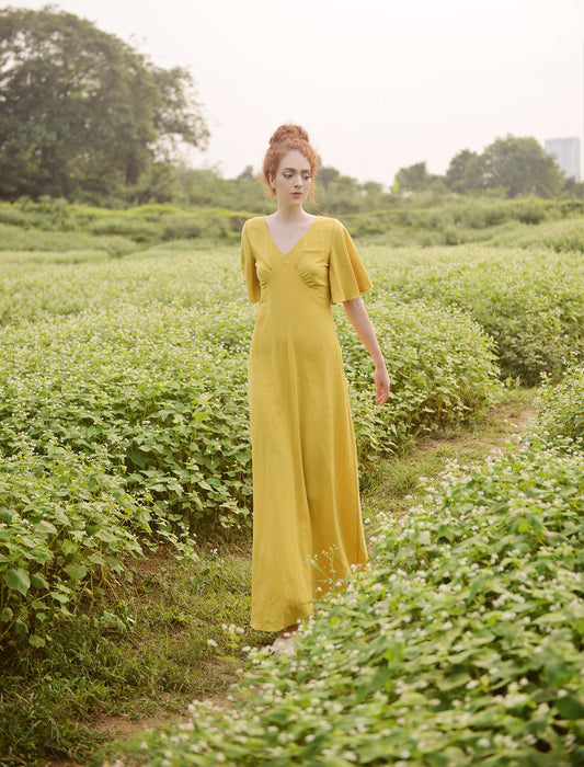 Long Cotton Dress - Gold Dress - Dress for Women - Summer Dress - Comfy FloorLength Dress - Natural Fabric