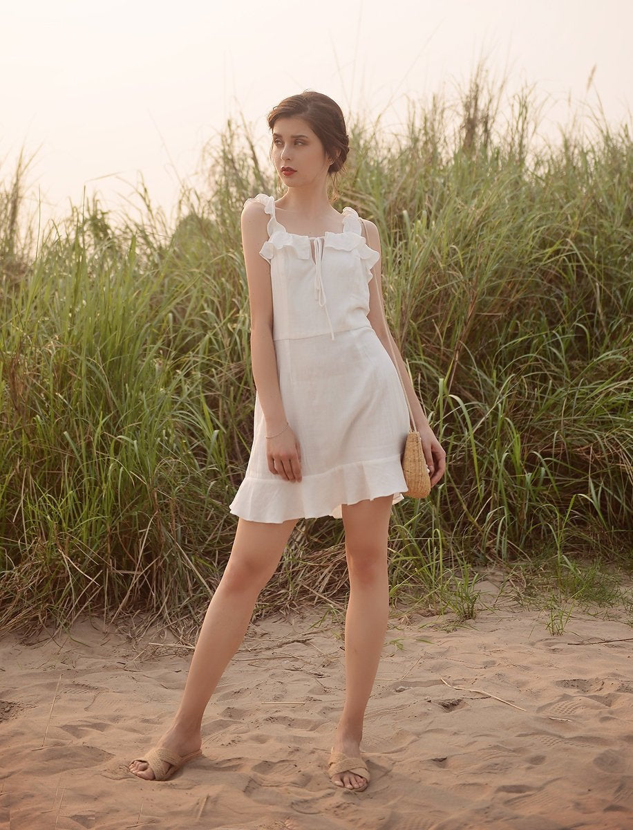 Linen White Summer Dress - Women Frills Dress - Ruffles Cotton Dress - Natural Fabric