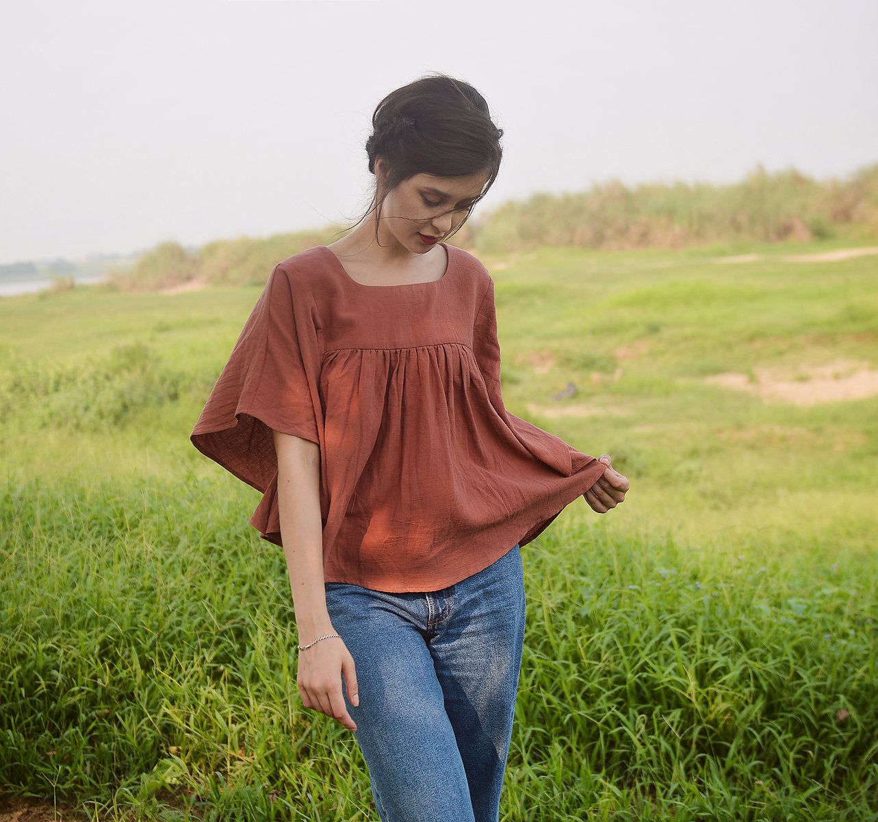Women Linen Top - Top with Sleeves - Natural Fabric - Casual Cotton Top