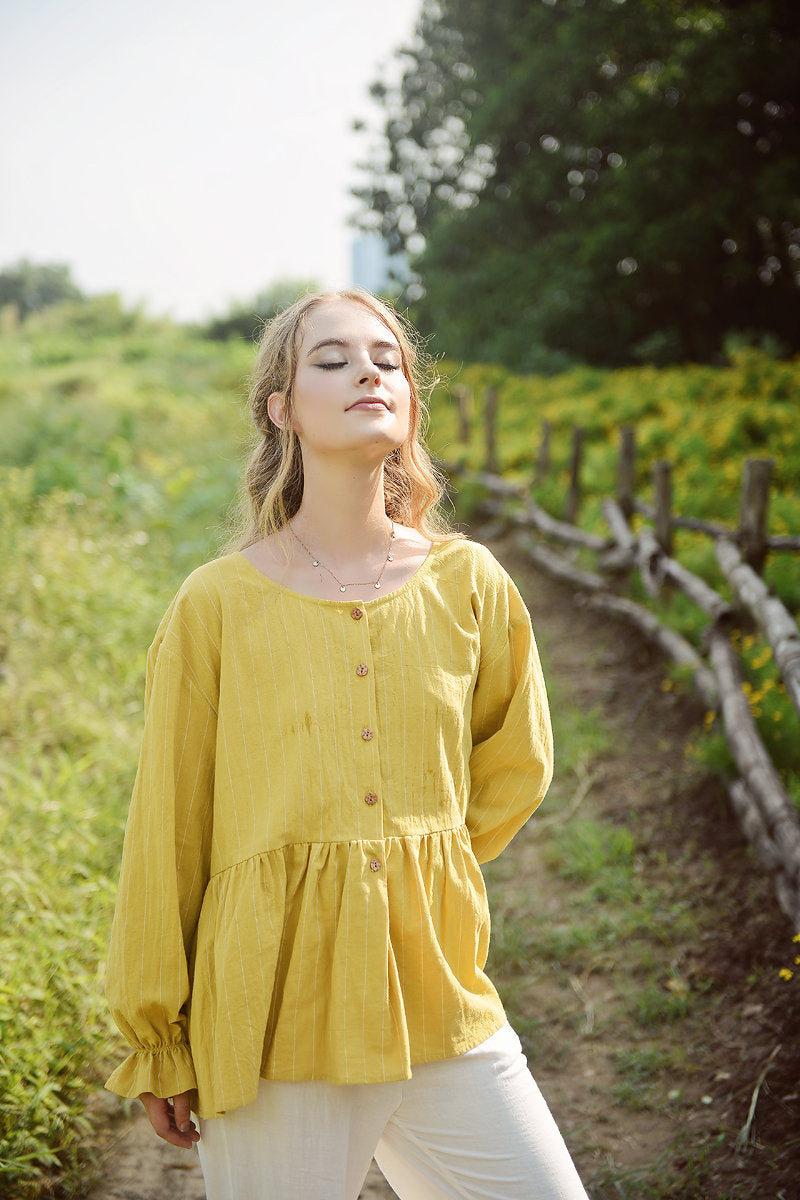 Summer Cotton Top - Women Yellow Blouse - Babydoll Linen Shirt - Women Casual Top