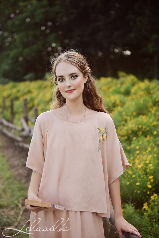 Embroidered Cotton Shirt - Linen Women Blouse - Linen Cotton Top - Short Sleeves Shirt