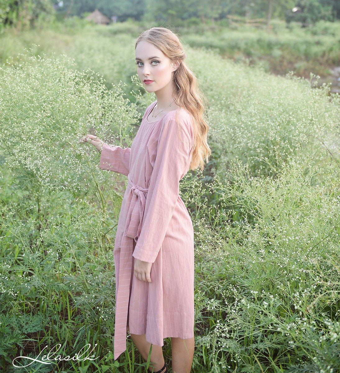 Women Linen Dress - Long Sleeves Dress - Knee Length Summer Dress