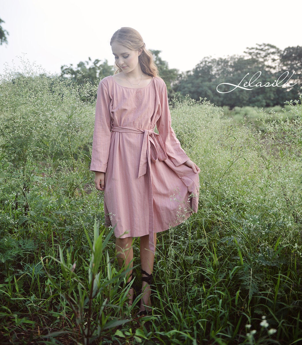 Women Linen Dress - Long Sleeves Dress - Knee Length Summer Dress