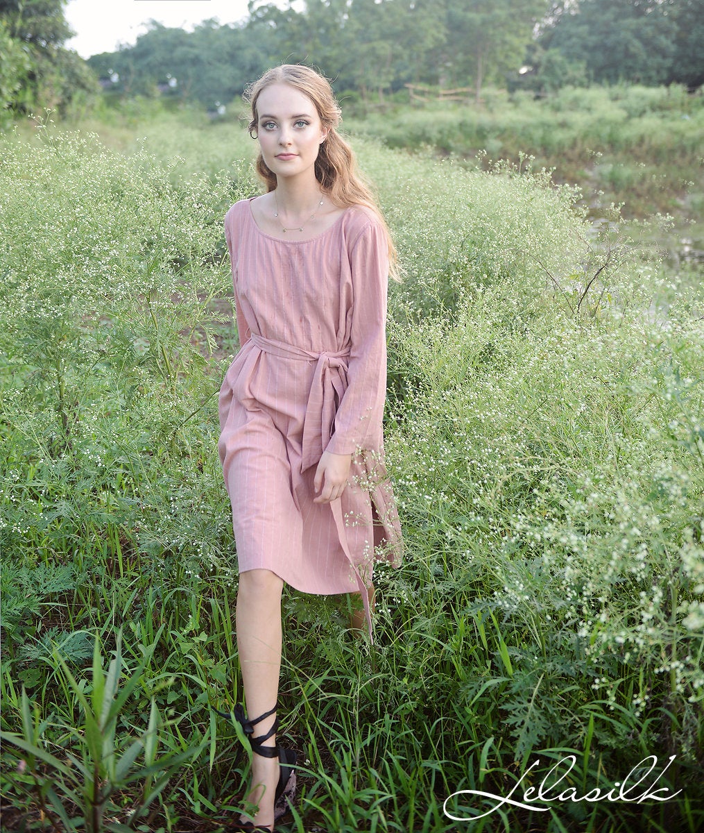 Women Linen Dress - Long Sleeves Dress - Knee Length Summer Dress