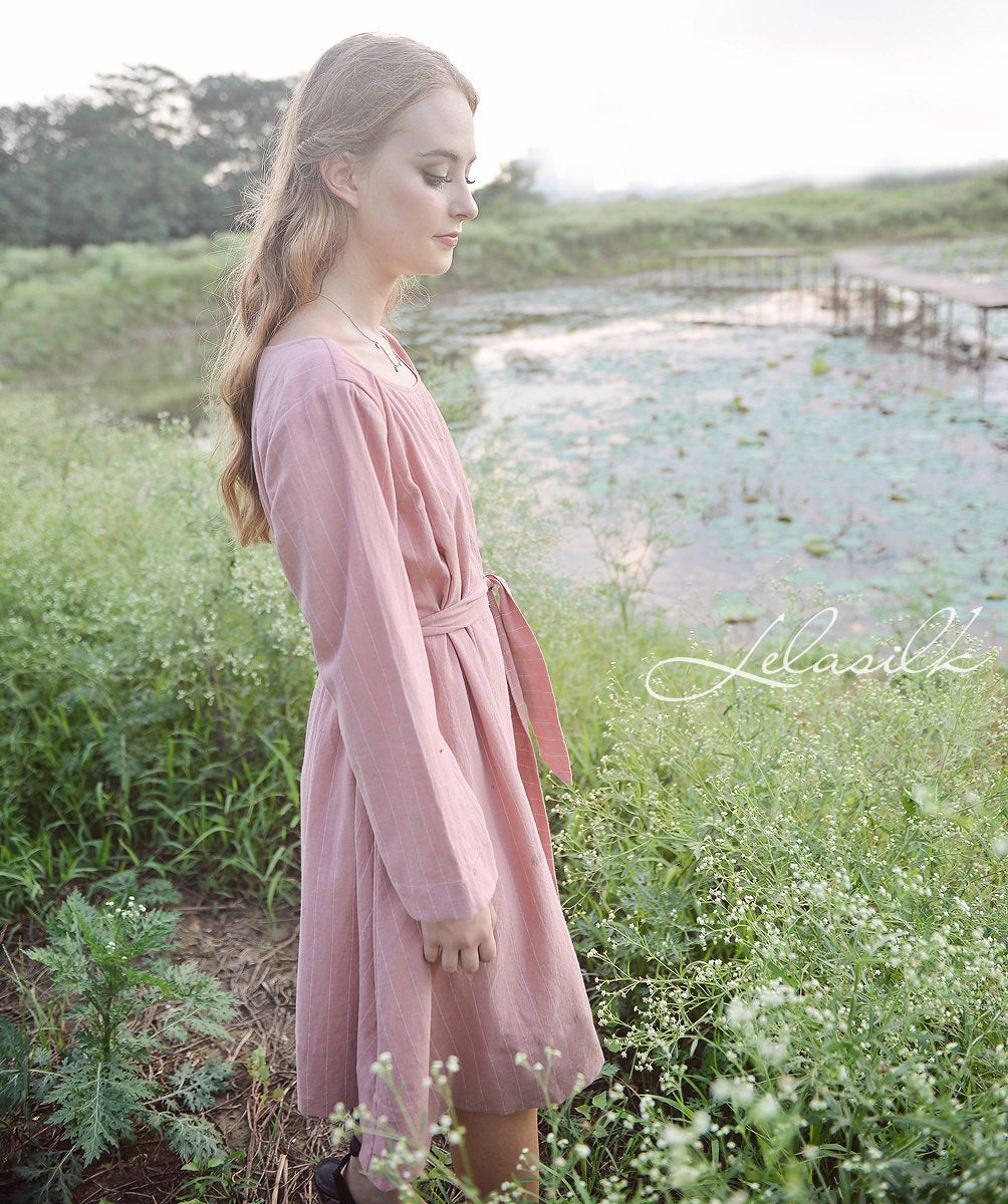 Women Linen Dress - Long Sleeves Dress - Knee Length Summer Dress