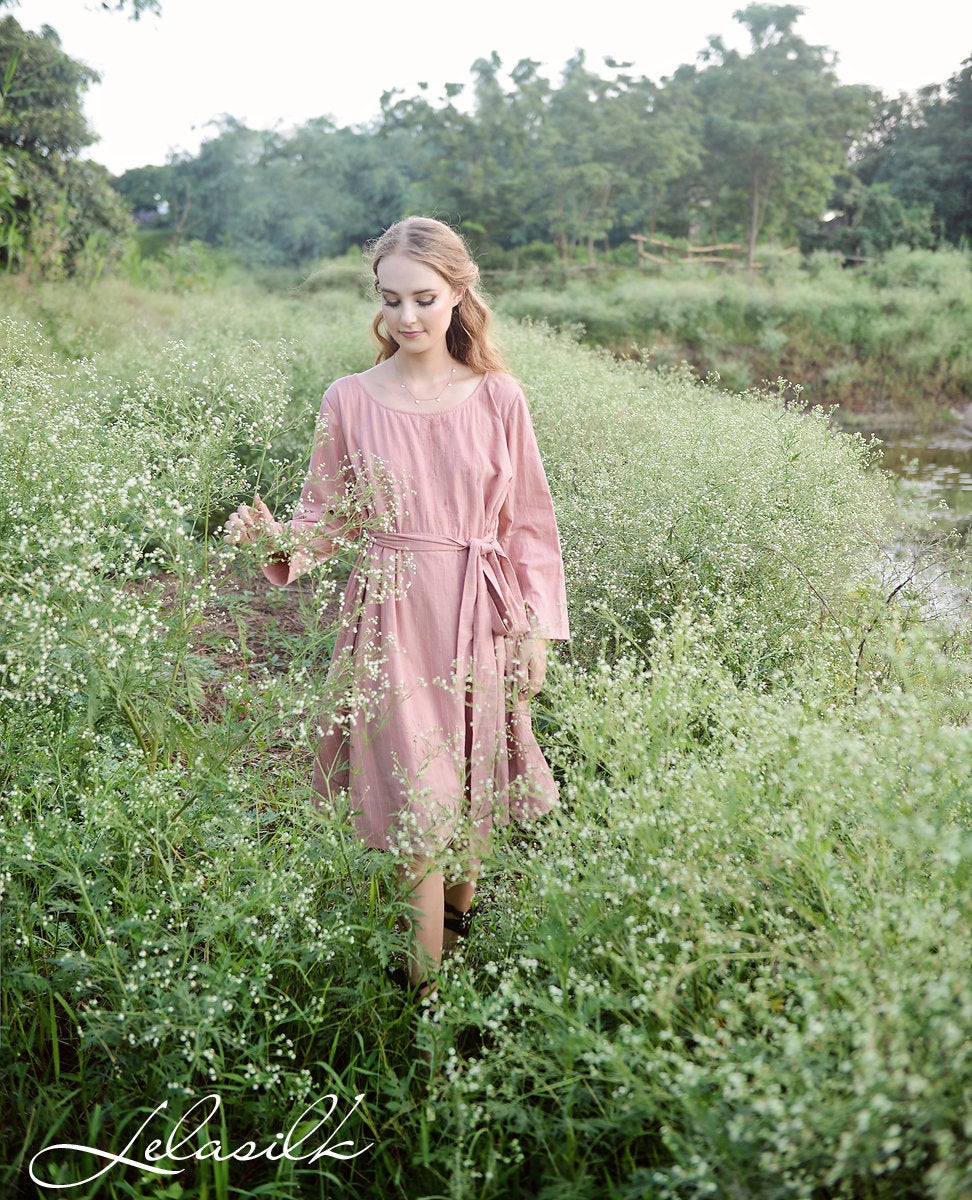 Women Linen Dress - Long Sleeves Dress - Knee Length Summer Dress