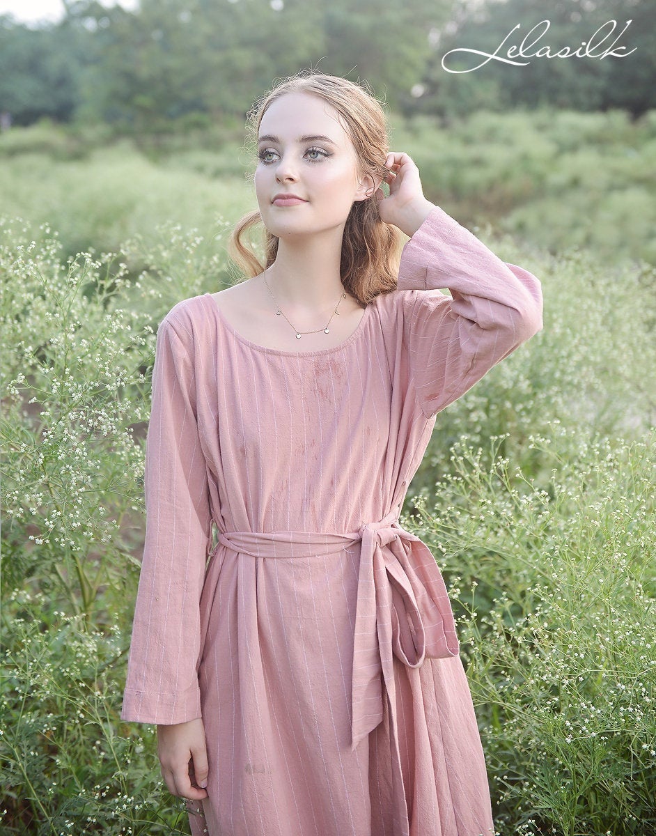 Women Linen Dress - Long Sleeves Dress - Knee Length Summer Dress