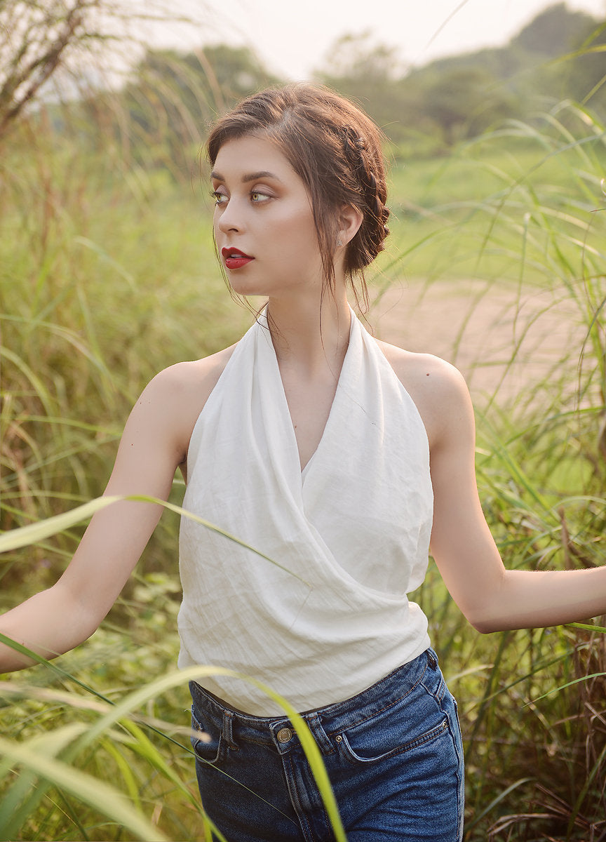 Low-back Linen Top - Cotton Wrap Top - Linen Crop Top - Natural Fabric