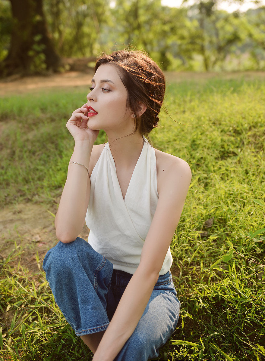 Low-back Linen Top - Cotton Wrap Top - Linen Crop Top - Natural Fabric