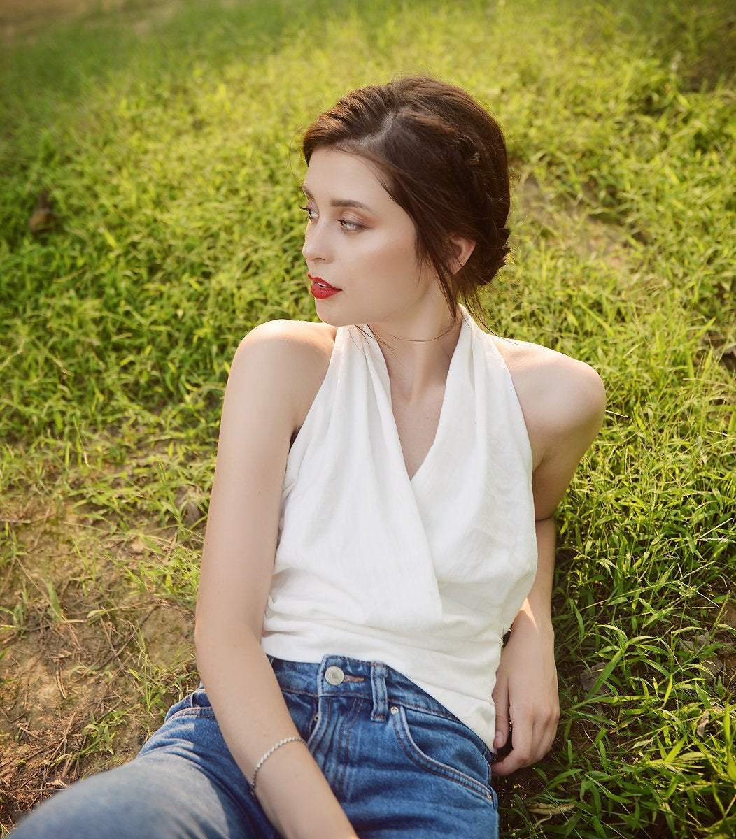 Low-back Linen Top - Cotton Wrap Top - Linen Crop Top - Natural Fabric