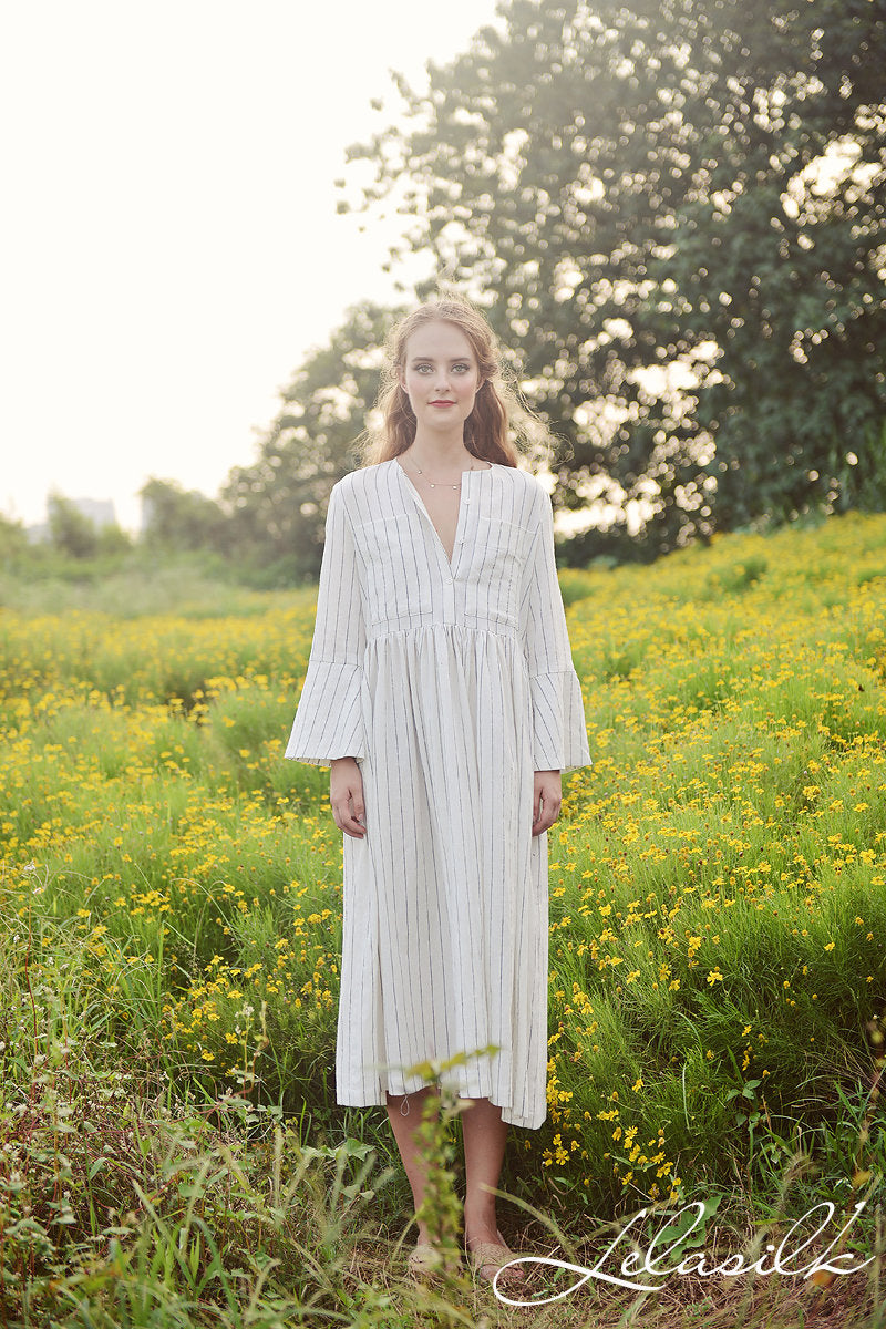 Linen Midi Dress - Women Linen Dress - Dress with Bell Sleeves - Organic Cotton