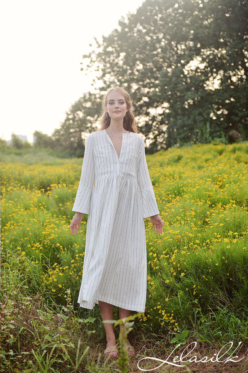 Linen Midi Dress - Women Linen Dress - Dress with Bell Sleeves - Organic Cotton