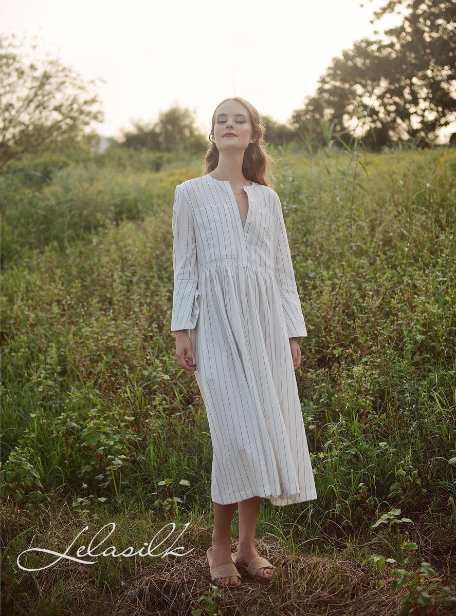Linen Midi Dress - Women Linen Dress - Dress with Bell Sleeves - Organic Cotton