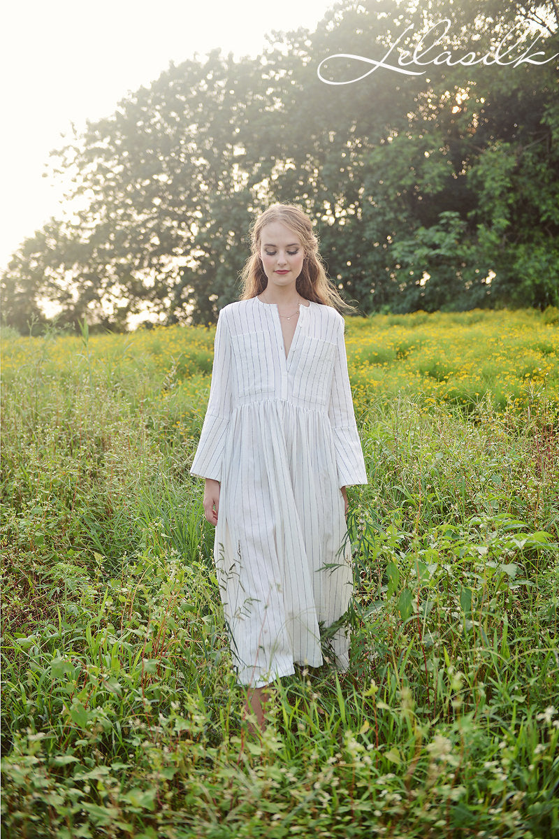 Linen Midi Dress - Women Linen Dress - Dress with Bell Sleeves - Organic Cotton