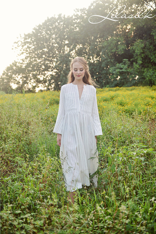 Linen Midi Dress - Women Linen Dress - Dress with Bell Sleeves - Organic Cotton