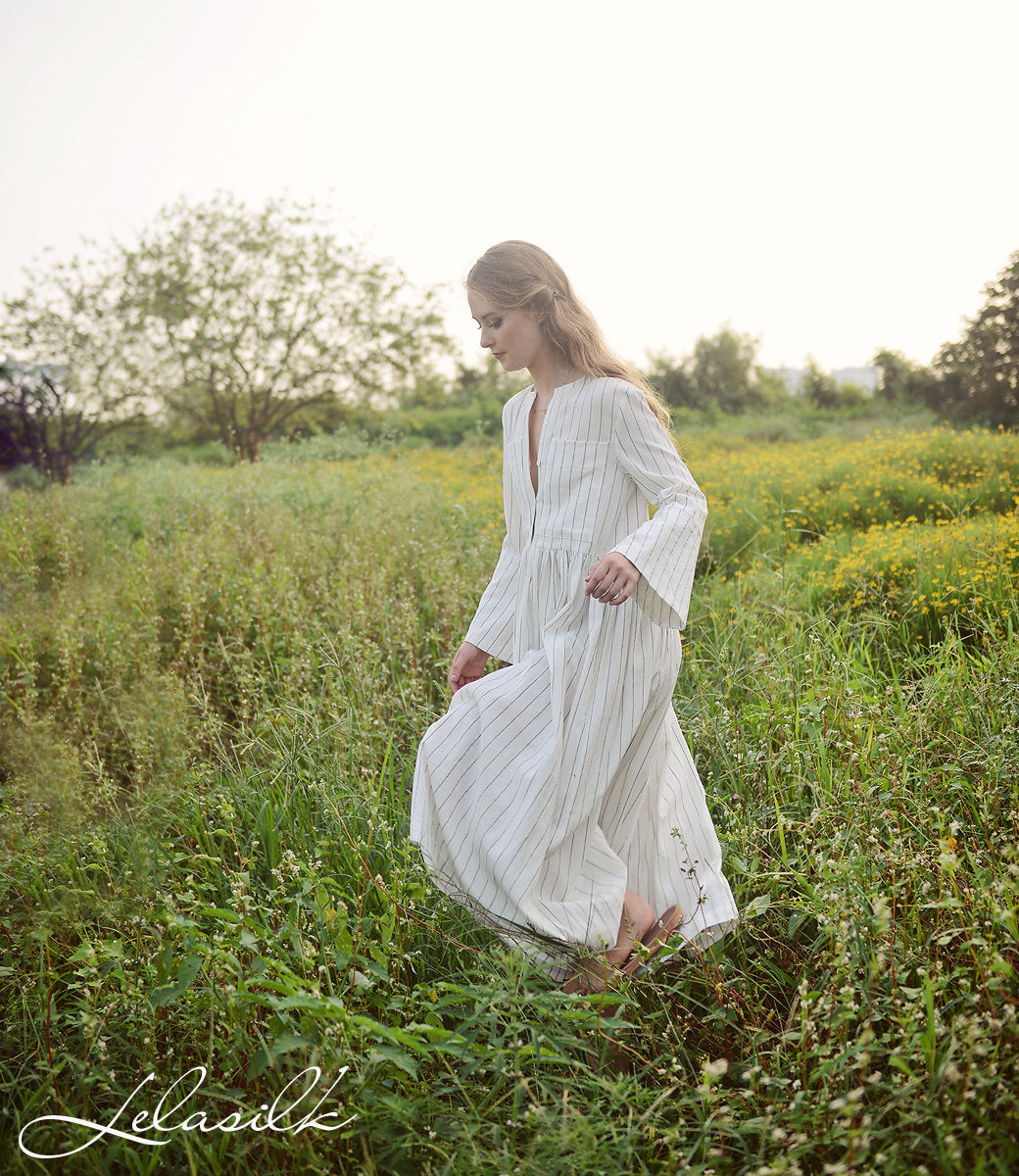 Linen Midi Dress - Women Linen Dress - Dress with Bell Sleeves - Organic Cotton