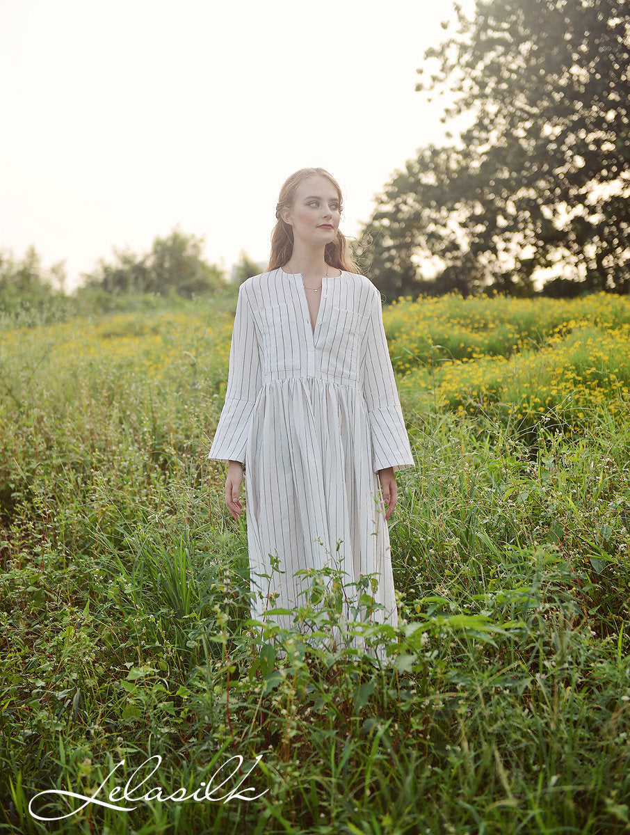 Linen Midi Dress - Women Linen Dress - Dress with Bell Sleeves - Organic Cotton