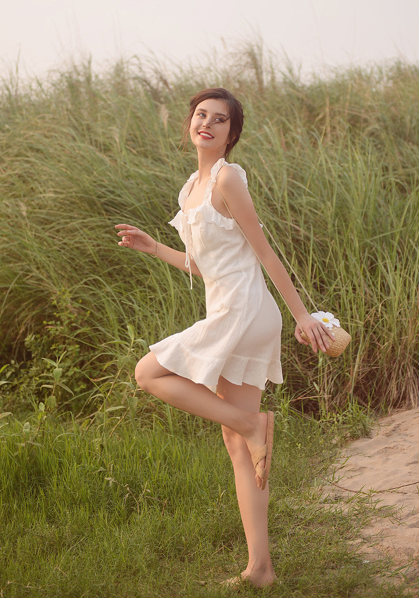Linen White Summer Dress - Women Frills Dress - Ruffles Cotton Dress - Natural Fabric