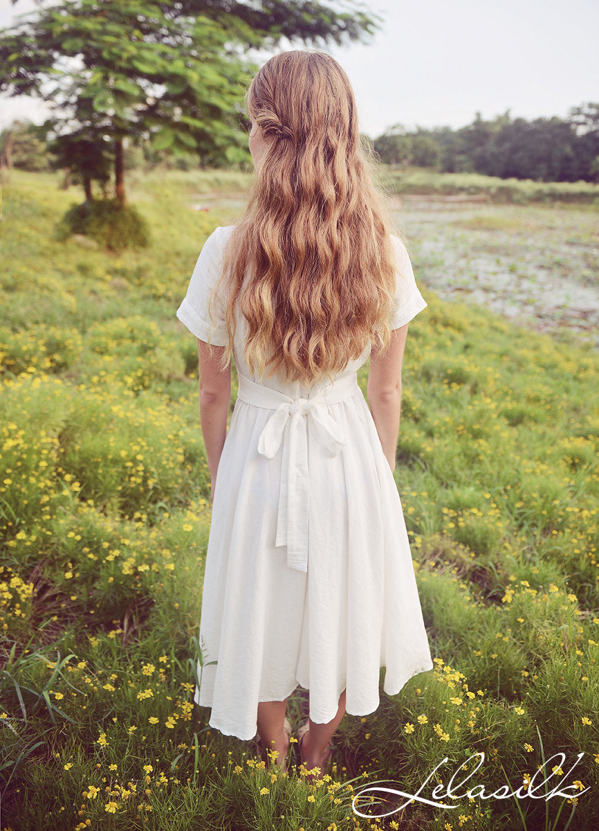 Summer Midi Linen Dress - Linen Dress with Collar - Midi Cotton Dress - Women White Midi Dress - Organic Cotton Clothing