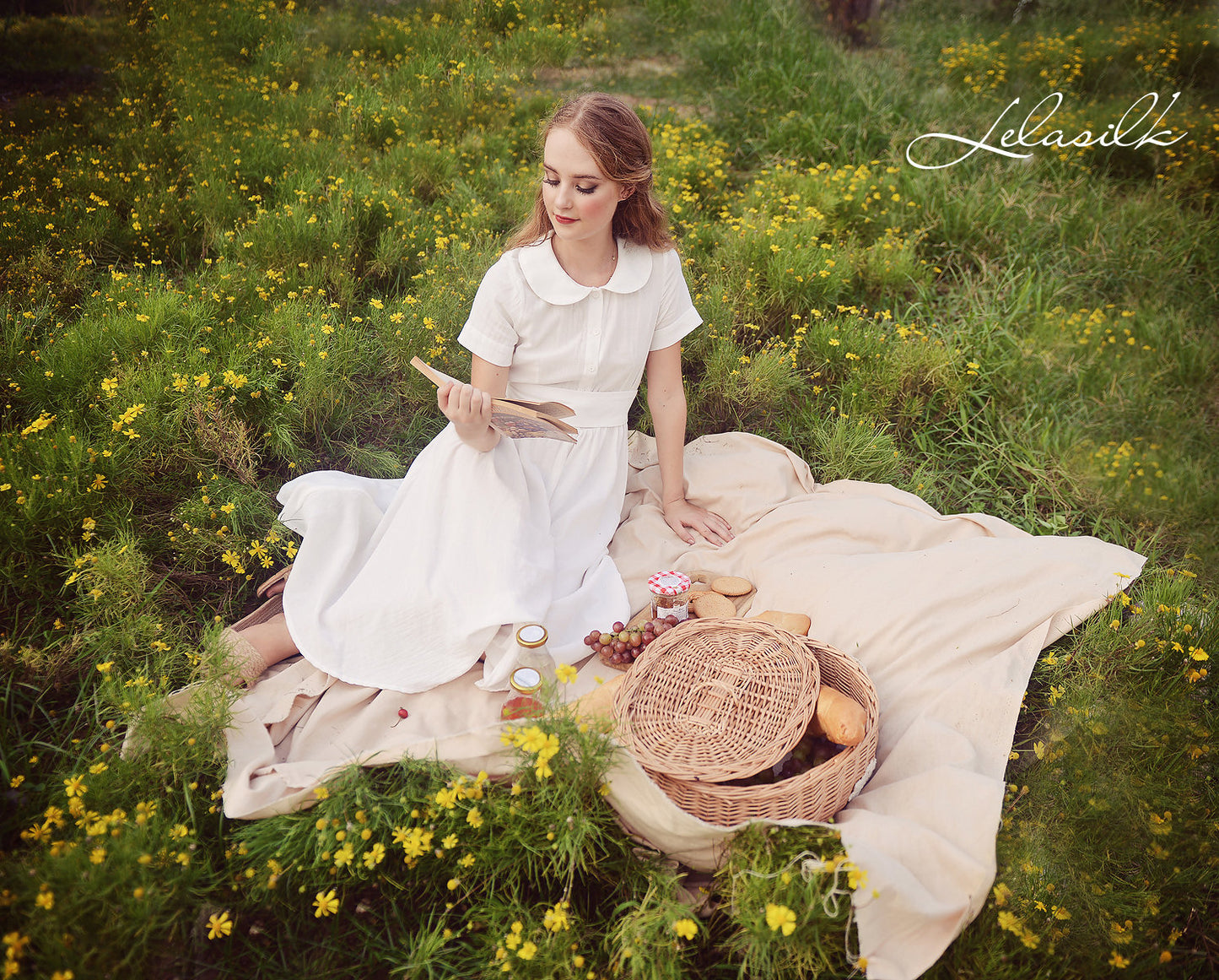 Summer Midi Linen Dress - Linen Dress with Collar - Midi Cotton Dress - Women White Midi Dress - Organic Cotton Clothing