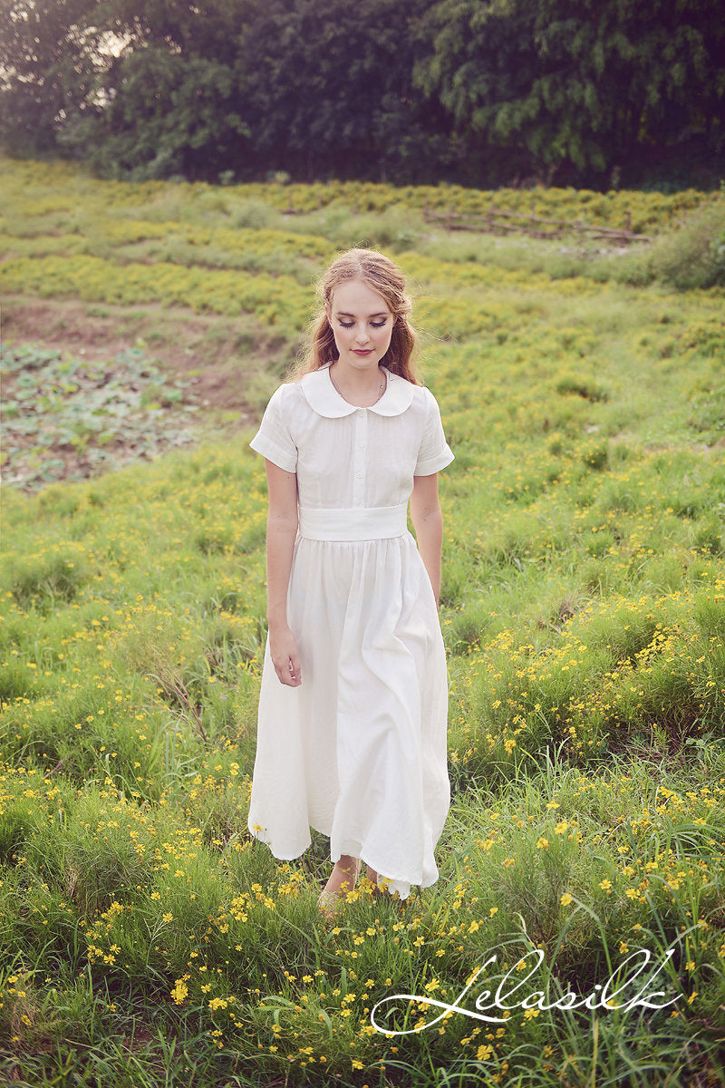 Summer Midi Linen Dress - Linen Dress with Collar - Midi Cotton Dress - Women White Midi Dress - Organic Cotton Clothing