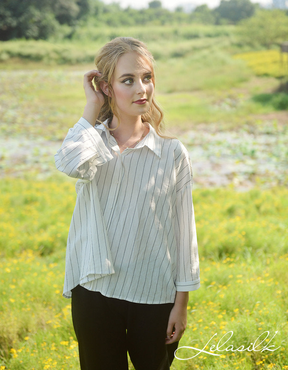 Button Linen Shirt - Linen Cotton Blouse - Women Collar Shirt - Organic Cotton Clothes