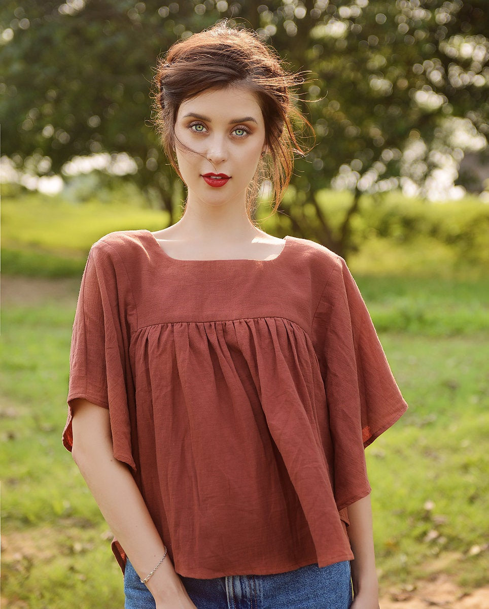 Women Linen Top - Top with Sleeves - Natural Fabric - Casual Cotton Top