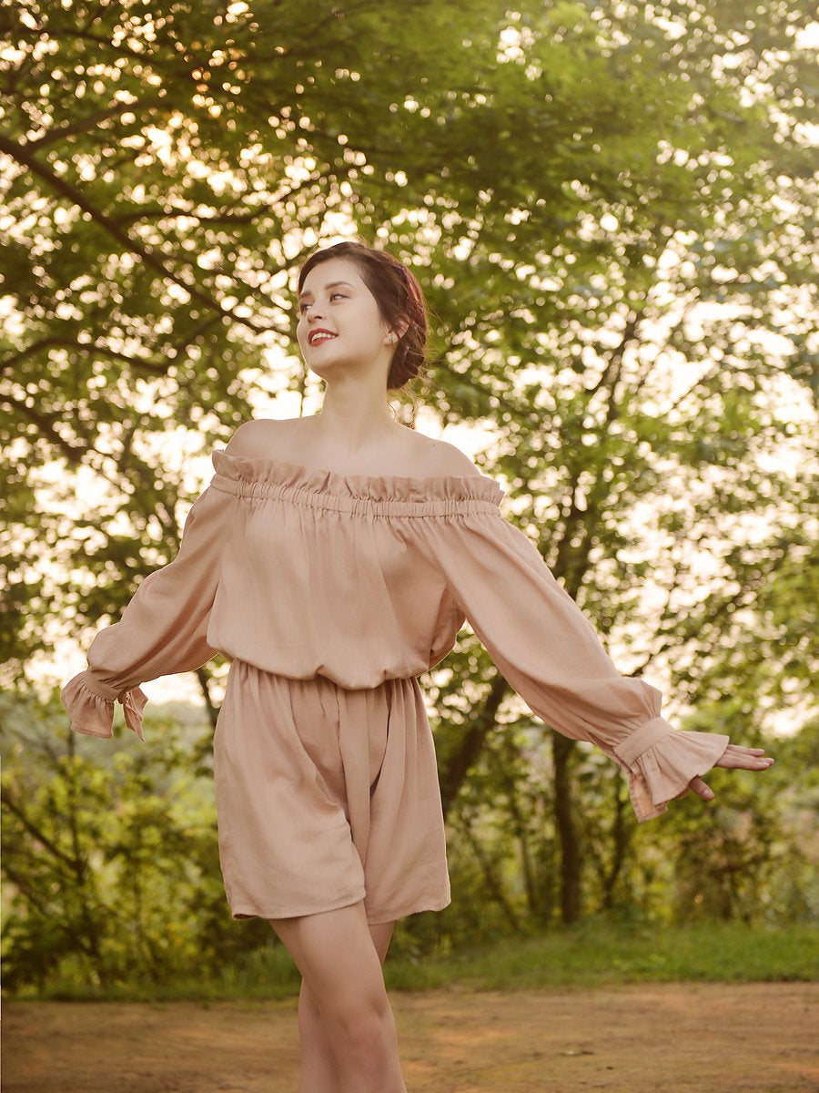 Off Shoulder Linen Jumpsuit - Organic Cotton Clothing - Women Linen Jumper