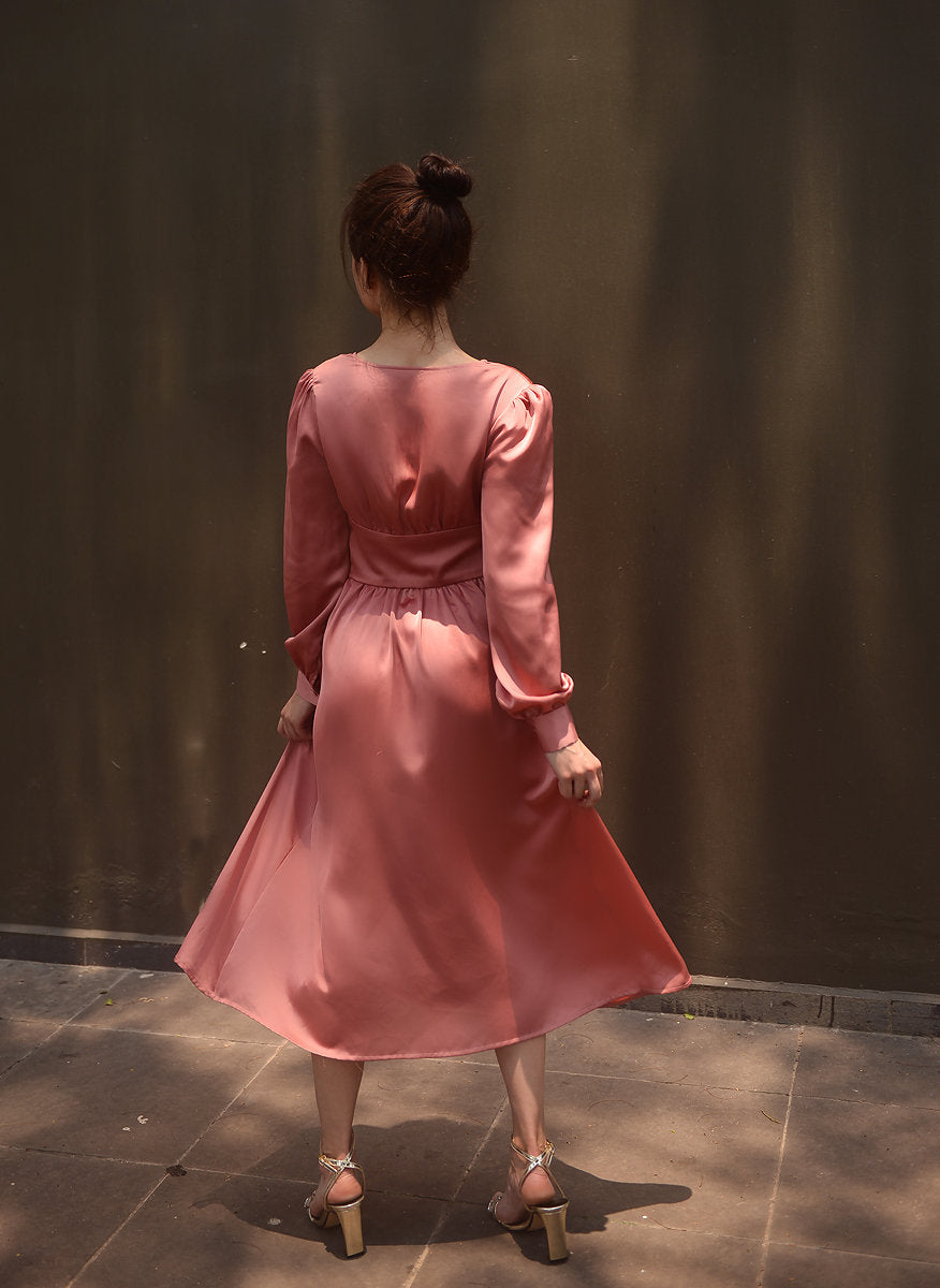 Salmon Pink Silk Dress - Women Midi Dress - Silk Prom Dress - Silk Dress - Mulberry Dress