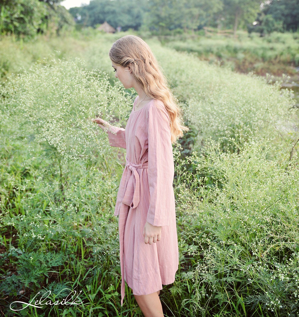 Women Linen Dress - Long Sleeves Dress - Knee Length Summer Dress