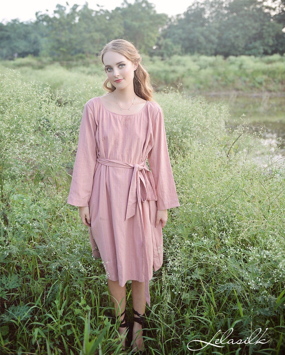 Women Linen Dress - Long Sleeves Dress - Knee Length Summer Dress
