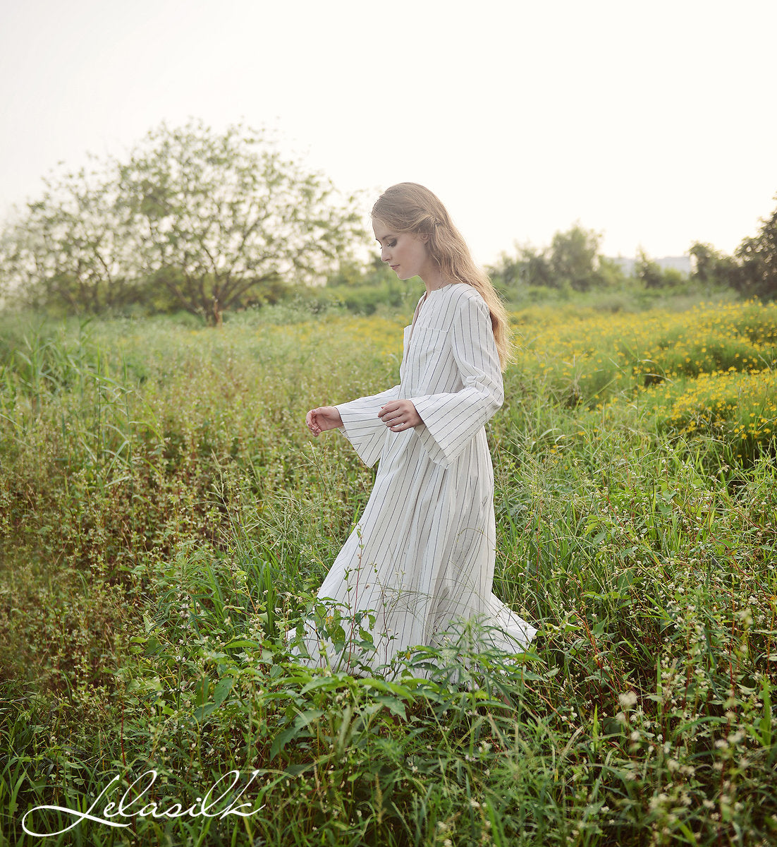 Linen Midi Dress - Women Linen Dress - Dress with Bell Sleeves - Organic Cotton