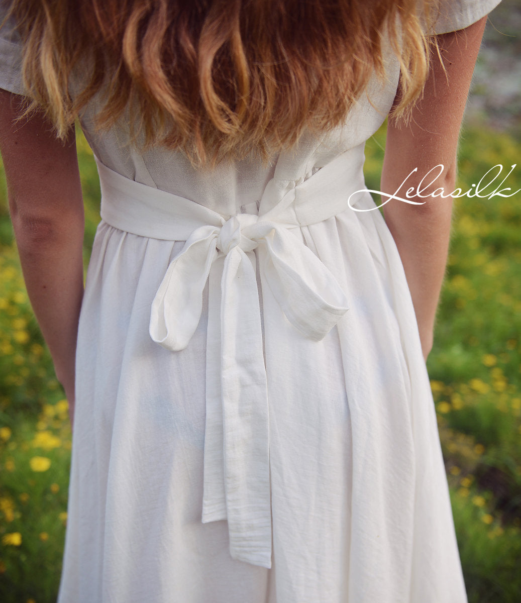 Summer Midi Linen Dress - Linen Dress with Collar - Midi Cotton Dress - Women White Midi Dress - Organic Cotton Clothing