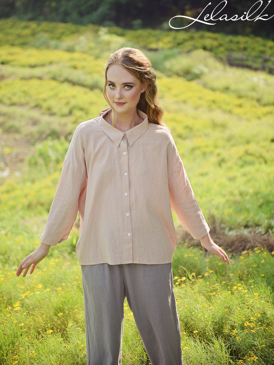 Button Linen Shirt - Linen Cotton Blouse - Women Collar Shirt - Organic Cotton Clothes
