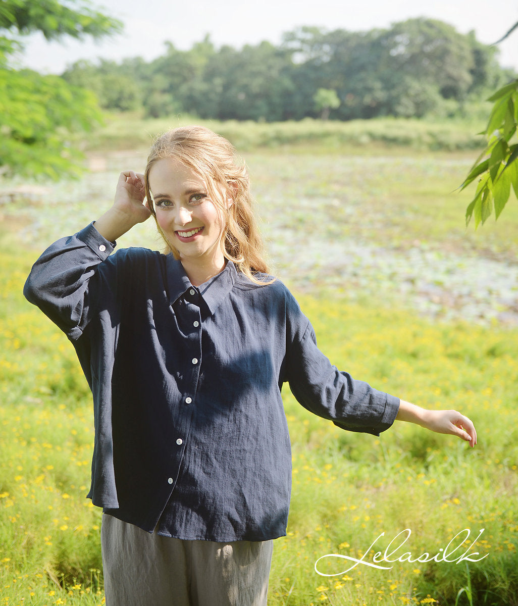 Button Linen Shirt - Linen Cotton Blouse - Women Collar Shirt - Organic Cotton Clothes