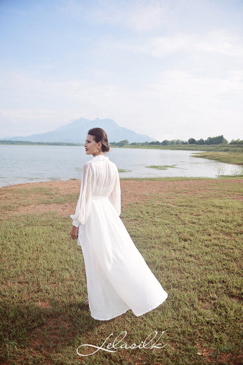 Long Bridal Robe - with Puffy Sheer Sleeves - Bridal Silk Robe - Wedding Silk Robe - Bridesmaids Silk Robes