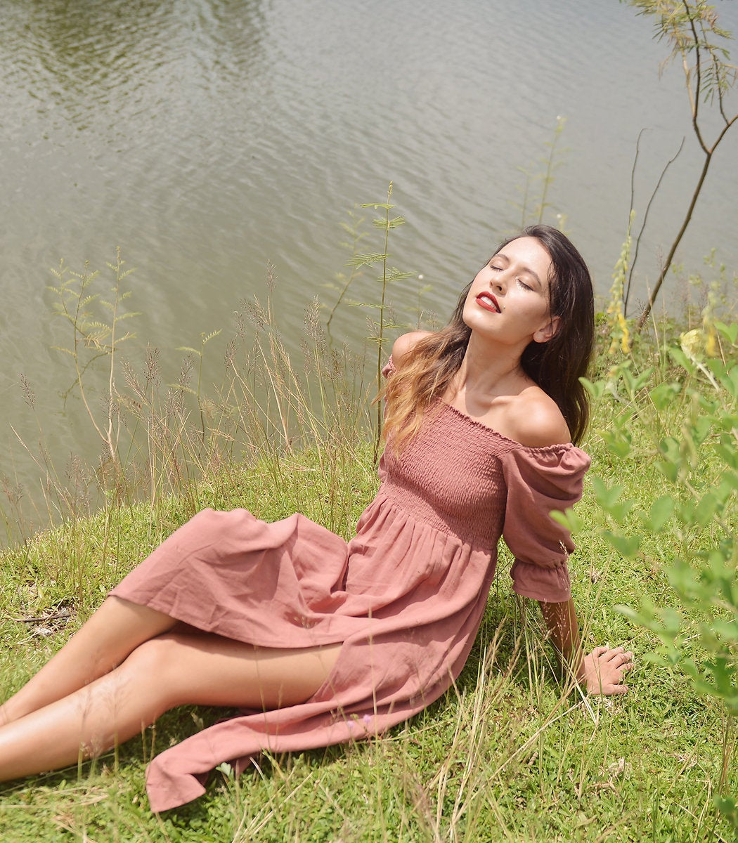 Off Shoulder Cotton Dress - Organic Cotton Clothing - Women Midi Dress