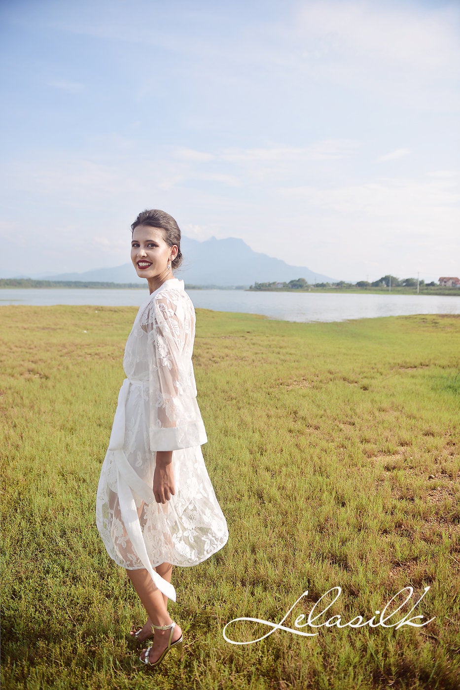 Bridal Lace Robe - Mid-Calf Lace Robe - White Lace Robe