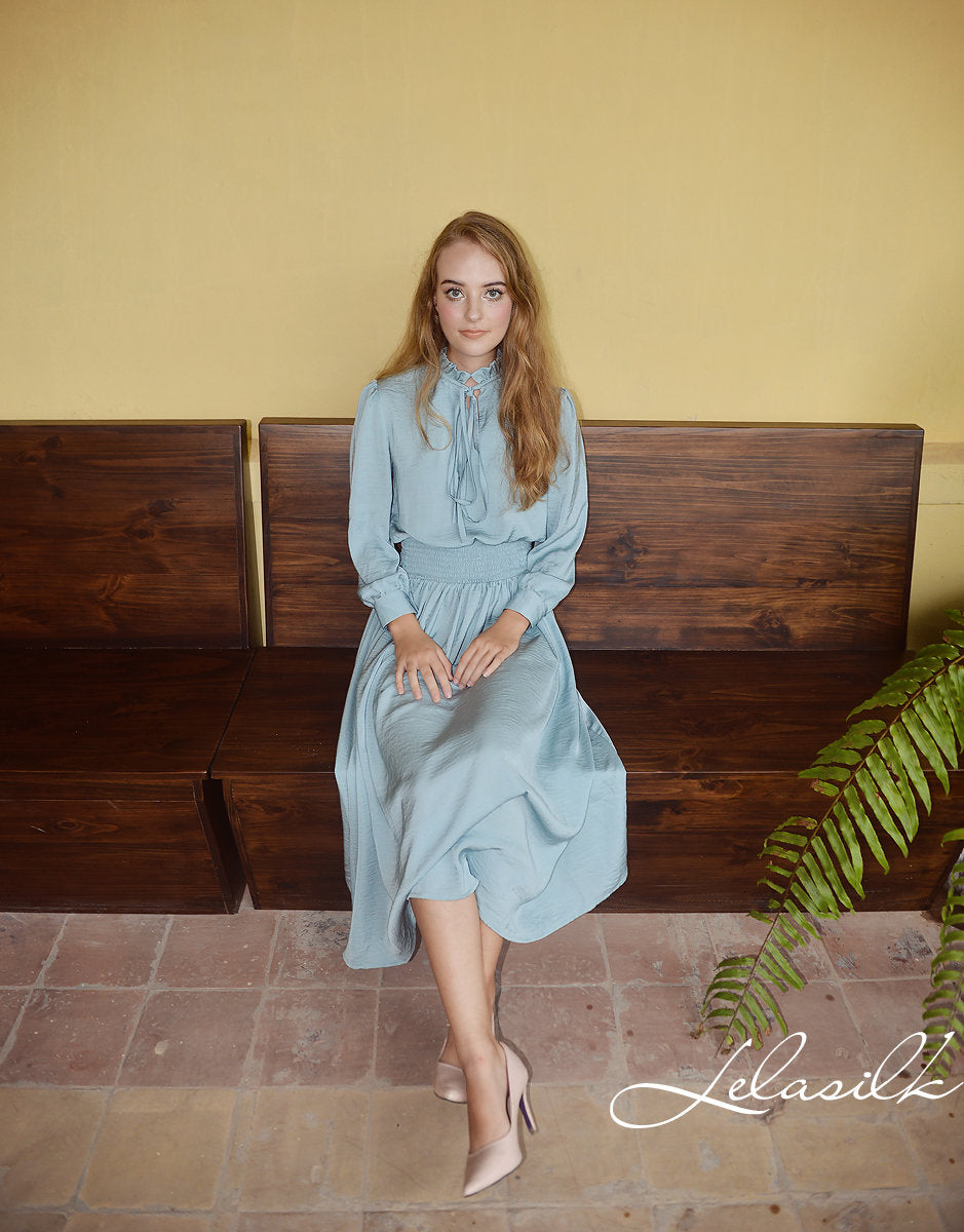 Vintage Style Silk Dress - Mid-Calf Vintage Style - Women Silk Dress - Long Sleeves Silk Dress