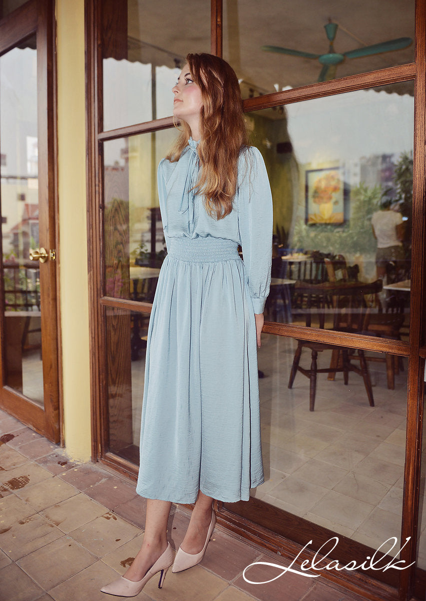 Vintage Style Silk Dress - Mid-Calf Vintage Style - Women Silk Dress - Long Sleeves Silk Dress
