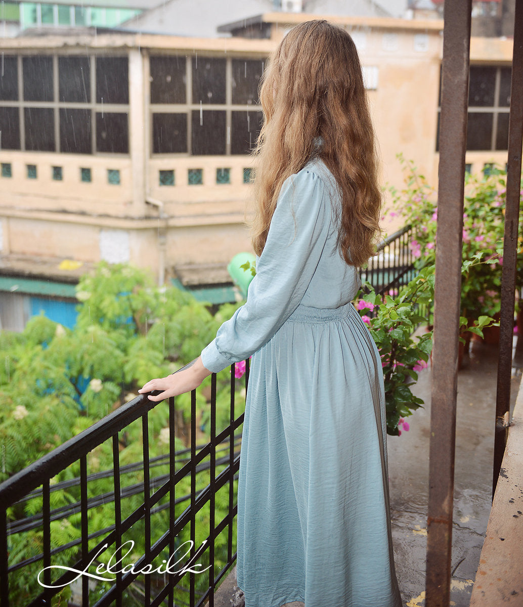 Vintage Style Silk Dress - Mid-Calf Vintage Style - Women Silk Dress - Long Sleeves Silk Dress