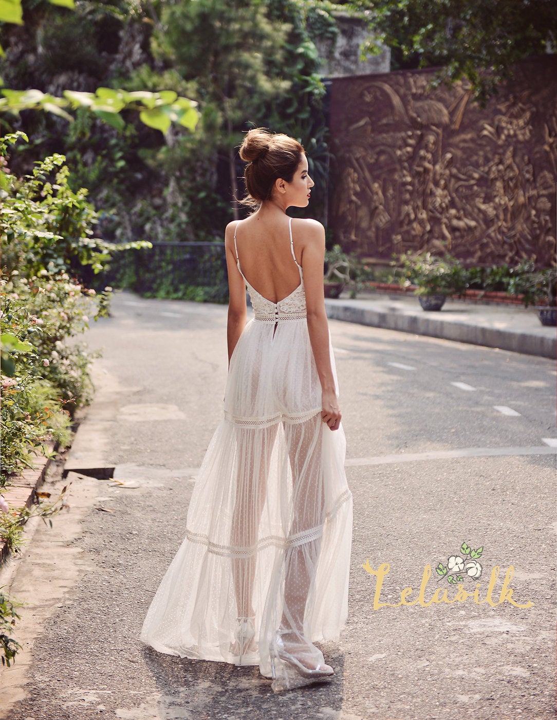 Lowback Bridal Gown with Straps - Embellished Wedding Dress - Lace and Tulle Wedding Dress