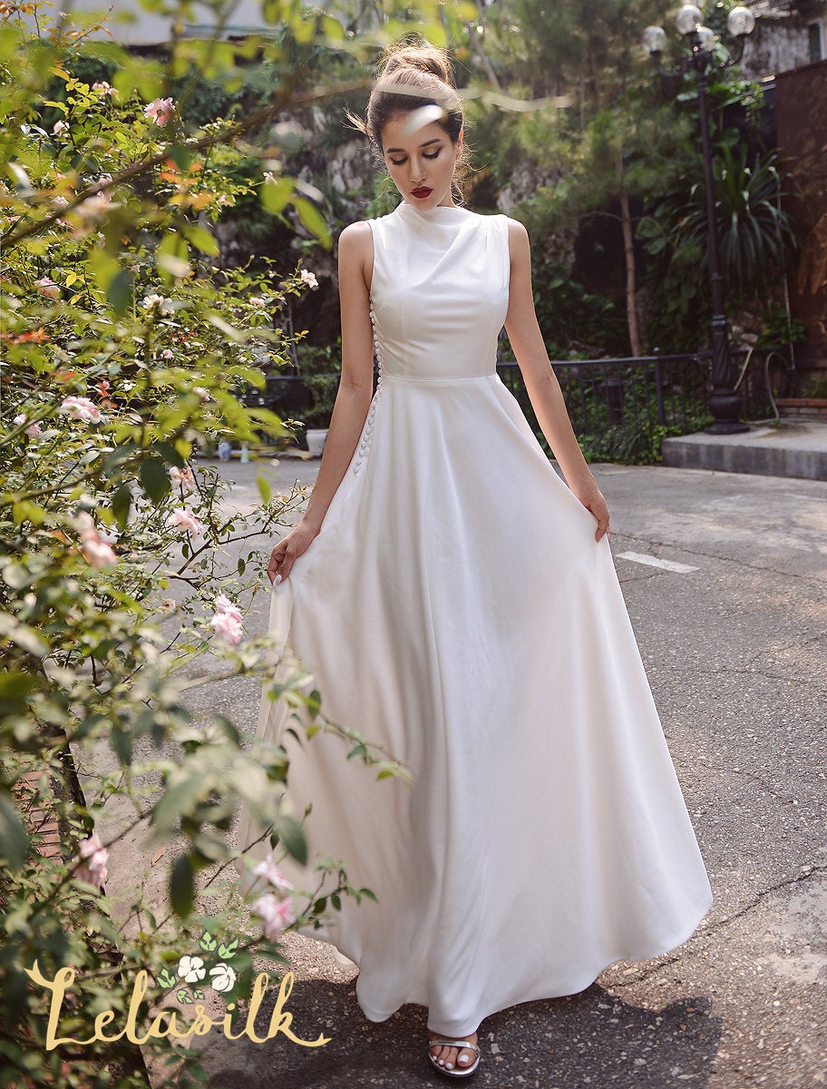 Wedding Dress Ivory Turtleneck - Sleeveless Silk Wedding Dress - Church Wedding Dress - Tailored Fit
