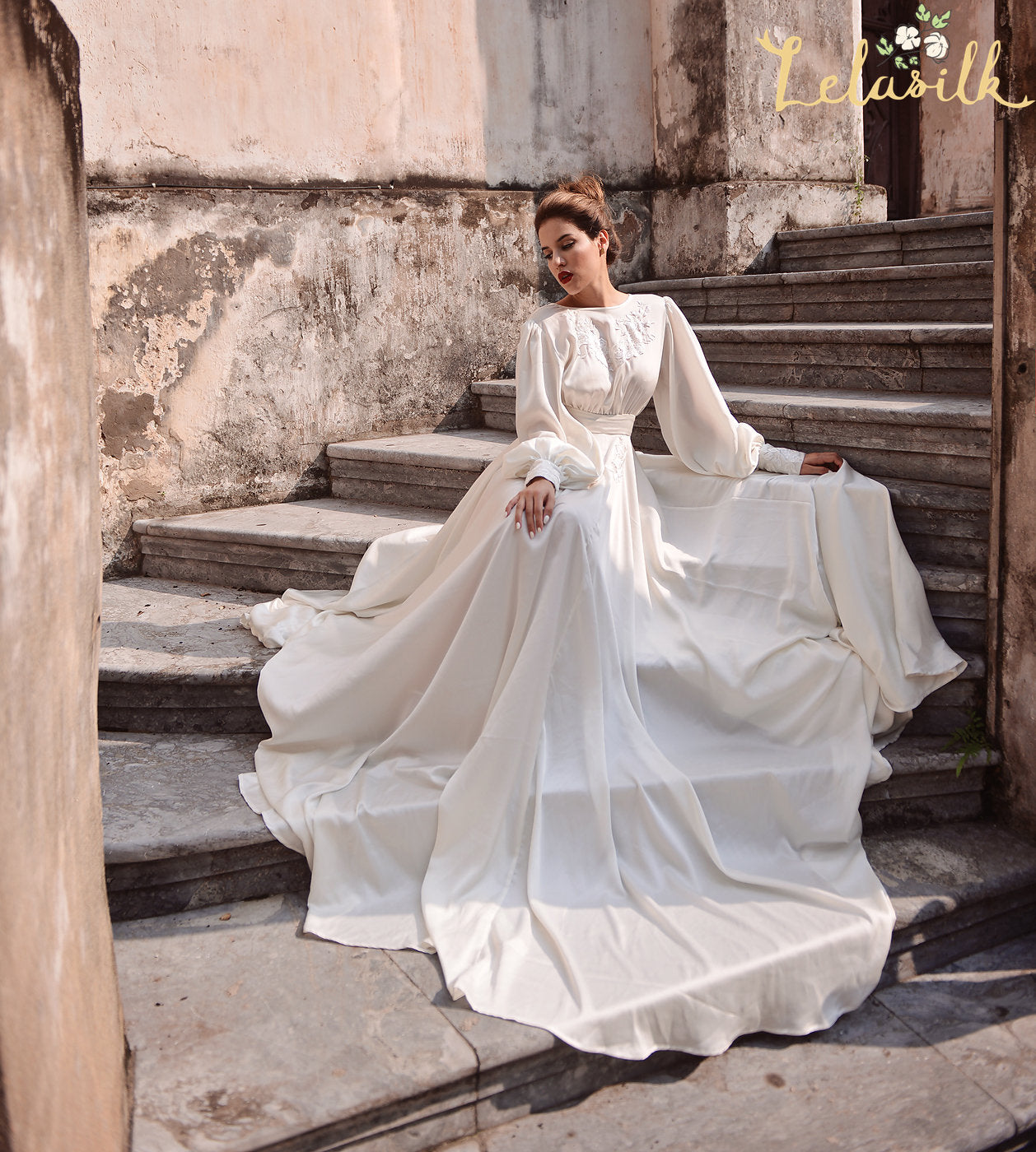 Silk Wedding Dress - Embellished Lace Wedding Dress - Ivory Wedding Dress
