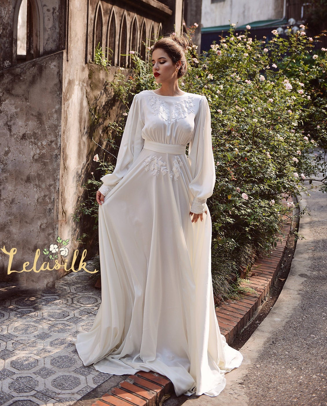 Silk Wedding Dress - Embellished Lace Wedding Dress - Ivory Wedding Dress