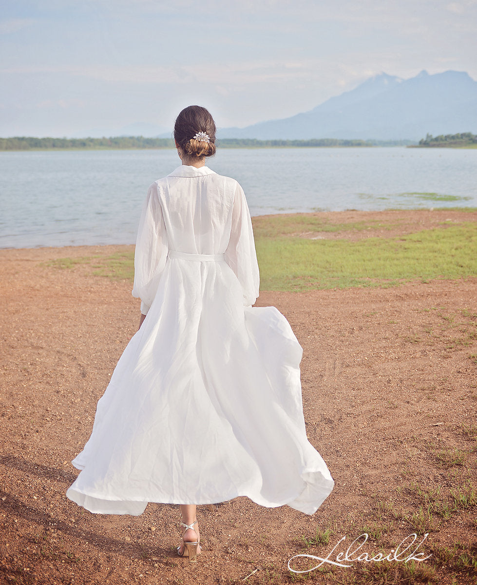 Long Bridal Robe - with Puffy Sheer Sleeves - Bridal Silk Robe - Wedding Silk Robe - Bridesmaids Silk Robes