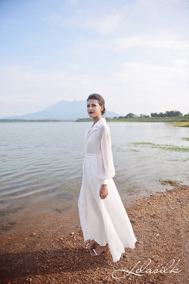 Long Bridal Robe - with Puffy Sheer Sleeves - Bridal Silk Robe - Wedding Silk Robe - Bridesmaids Silk Robes