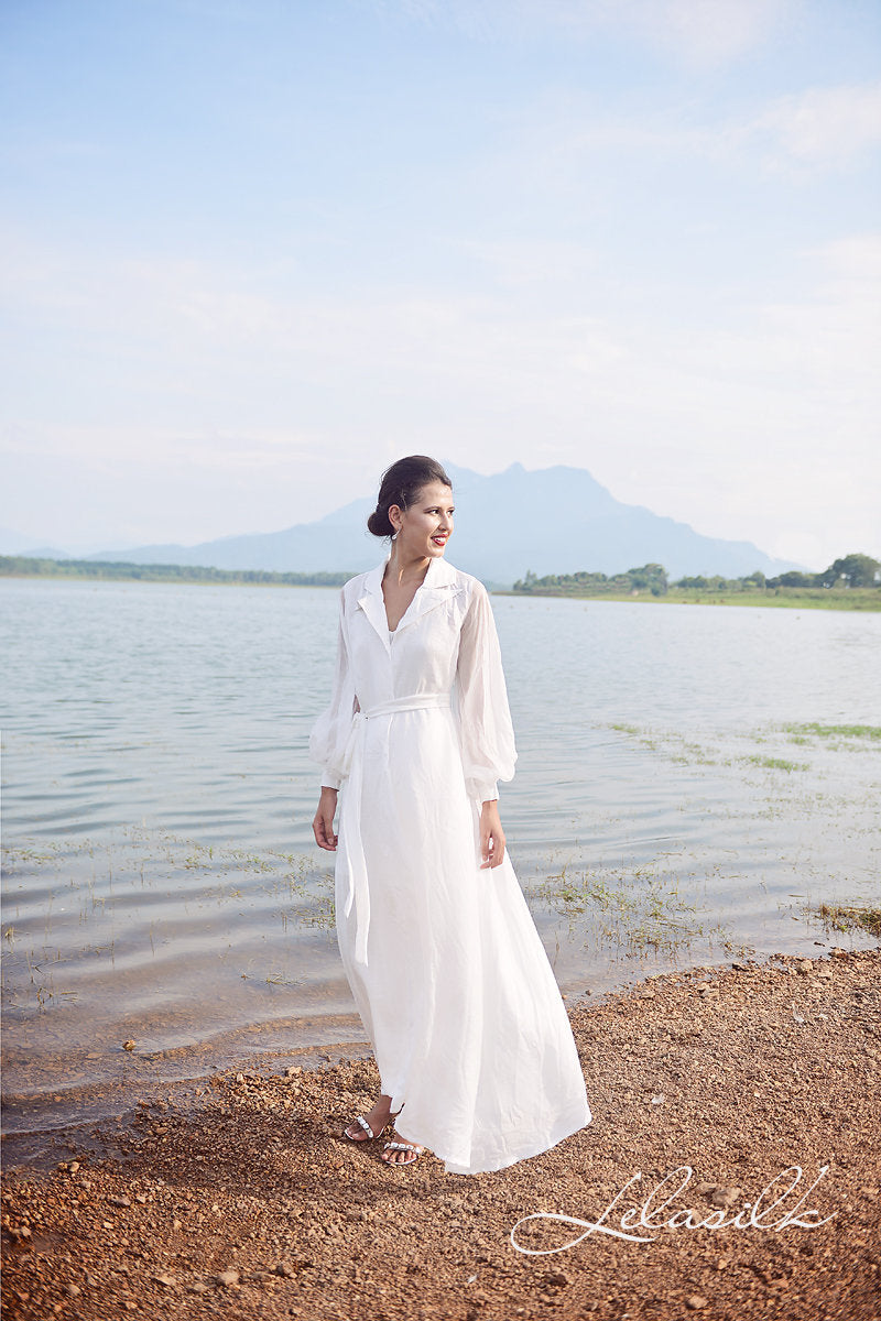Long Bridal Robe - with Puffy Sheer Sleeves - Bridal Silk Robe - Wedding Silk Robe - Bridesmaids Silk Robes