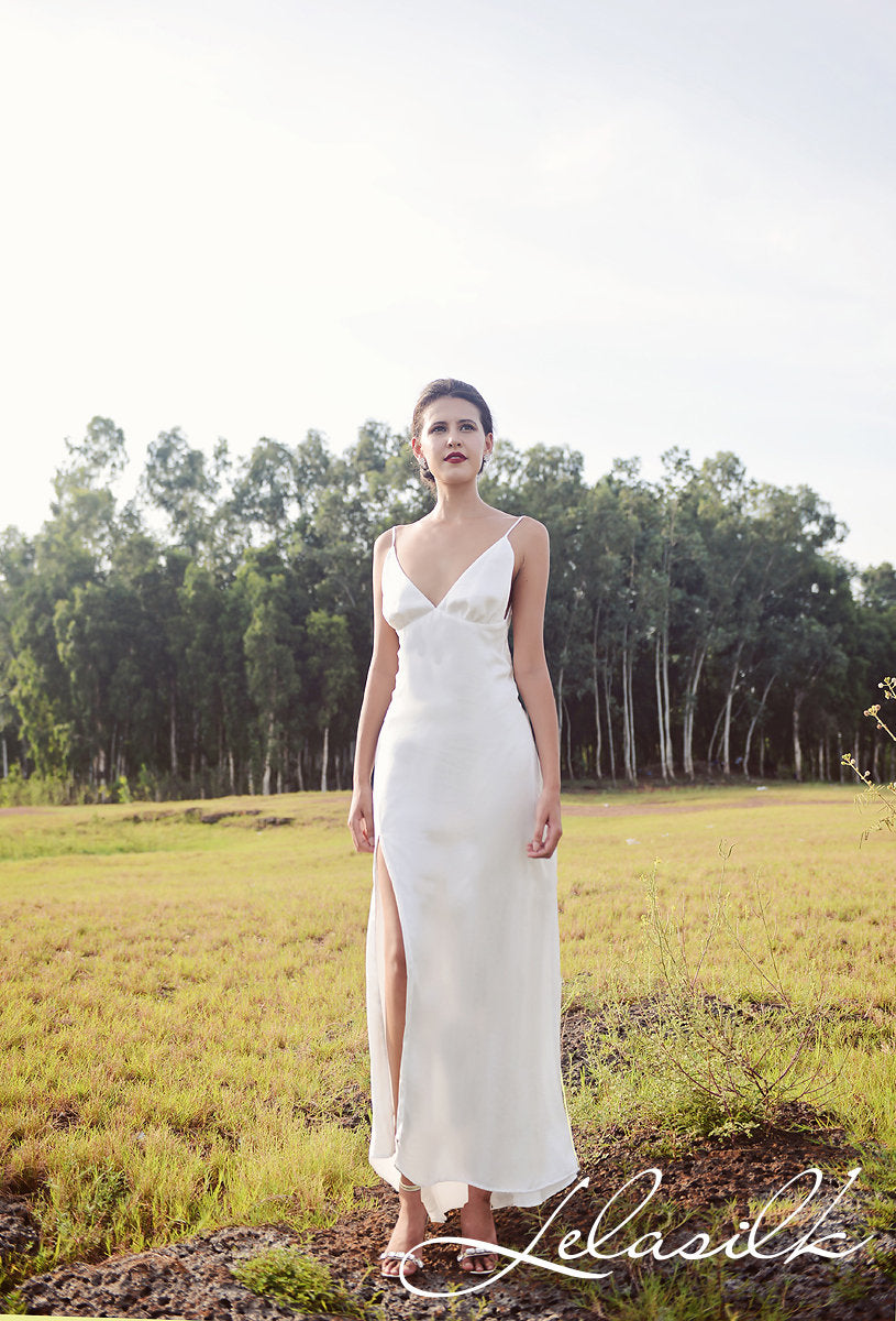 Long Silk Dress with Lace - Women Silk Dress - Evening Silk Gown - Wedding Guest Dress